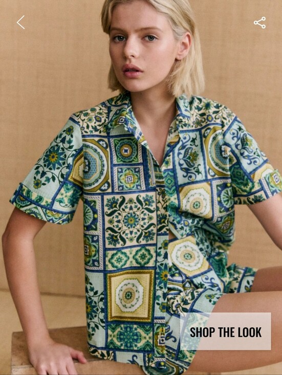 Sezane Tops - Sezane X Momoni- Livia Short-Sleeve Button-Down Shirt- Green and Blue Tile Print